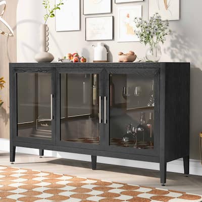 Wood Sideboard Storage Cabinet with Three tempered glass doors and Adjustable Shelf