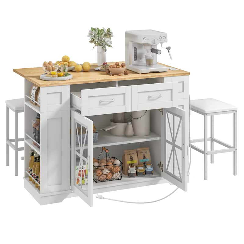 Moasis 3 PCS Kitchen Island Set with 2 Bar Stools,Moible Table with Drop Leaf & Power Outlet
