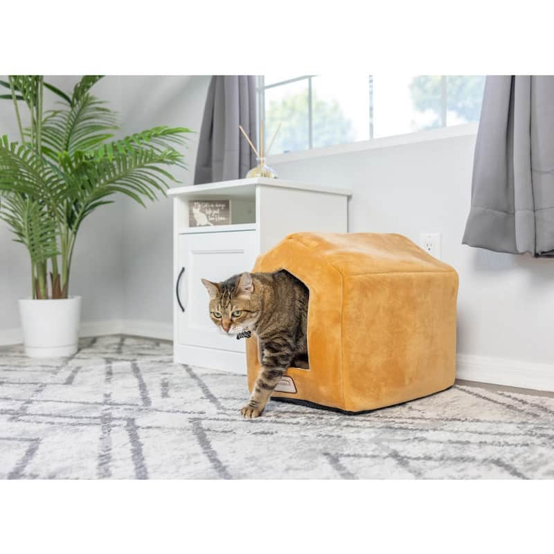 Small Indoor Cat house, Cat Beds With Mat, MachIne Washable, Earth Brown and Beige - 18"L x 14"W x 15"H