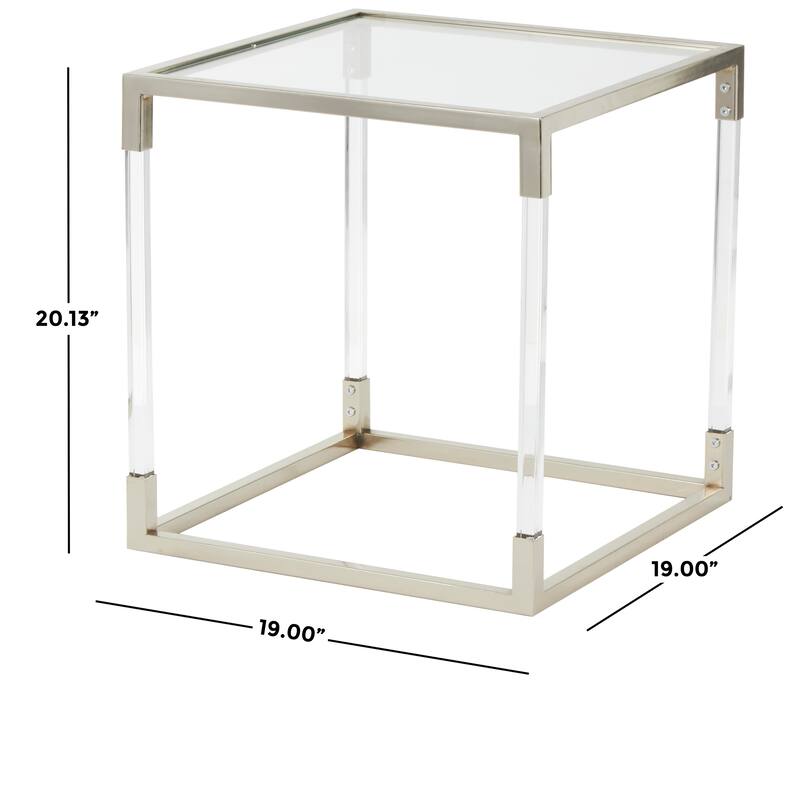 Silver Metal Cube Shaped Side End Accent Table with Clear Glass Top and Acrylic Legs