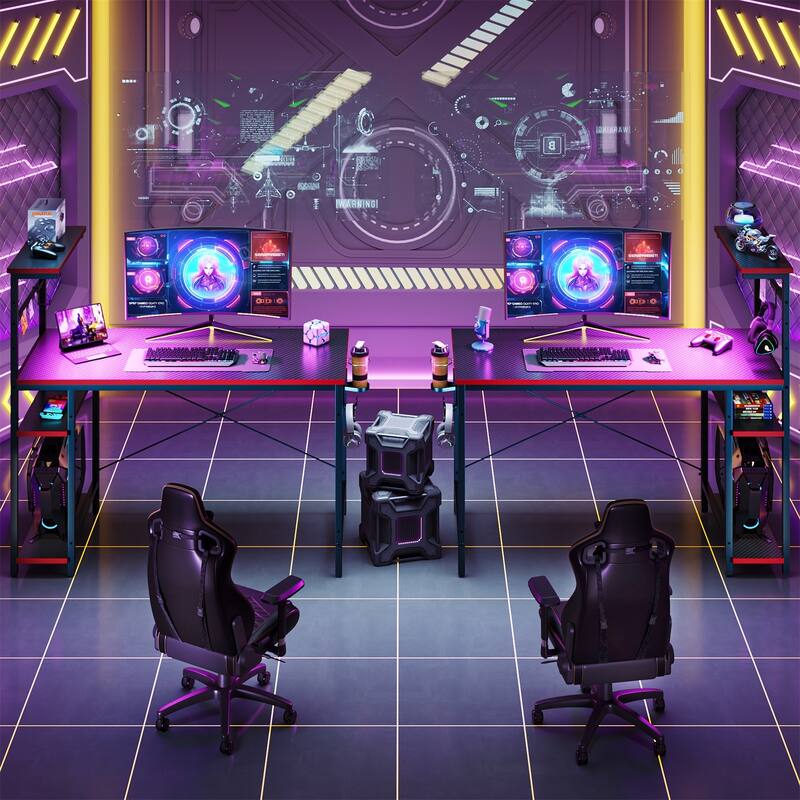 Bestier 44 in. Rectangular Gaming Desk with 4 Tier Storage Shelves Computer Desk with RGB LED Lights