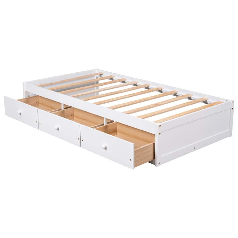 Twin Size Platform Storage Bed with 3 Drawers, White Pine Wood Frame, Mattress Foundation