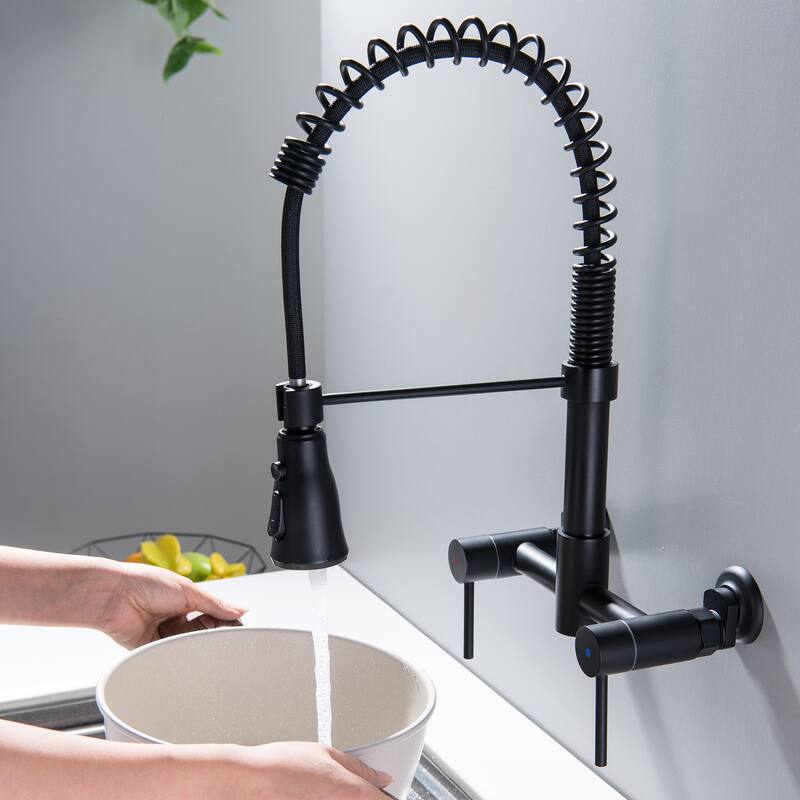 Wall Mounted Pull Down Two Handle Kitchen Faucet In Matte Black