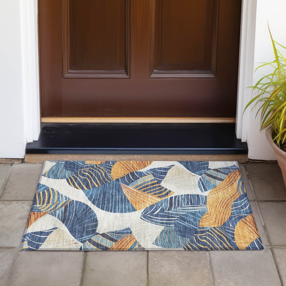 Machine Washable Indoor/Outdoor Coastal Palm Leave Chantille Rug