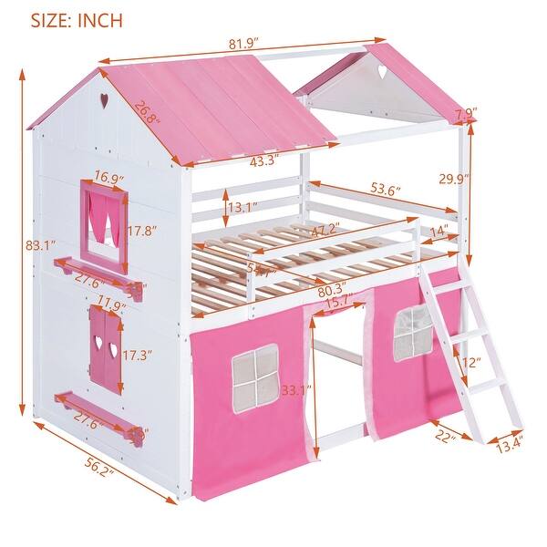 dimension image slide 2 of 4, Playhouse Bunk Bed wSemi-enclosed Roof, Side-windows, Sills, Tent