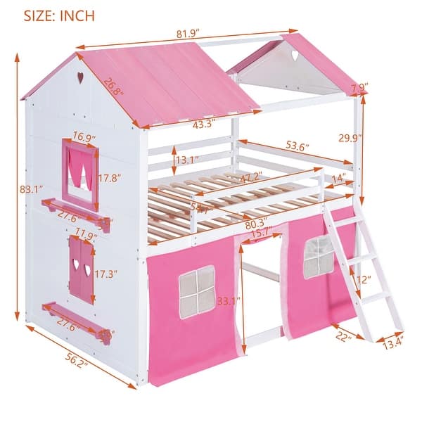 White+Pink Bunk Wood House Bed with Elegant Windows, Sills and Tent