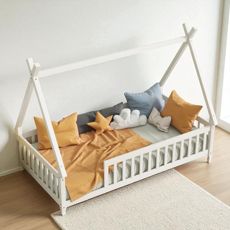 Twin Tent-Shaped Floor Bed with Guardrails, Low Platform Teepee Bed Frame with Slats, Solid Wood Design