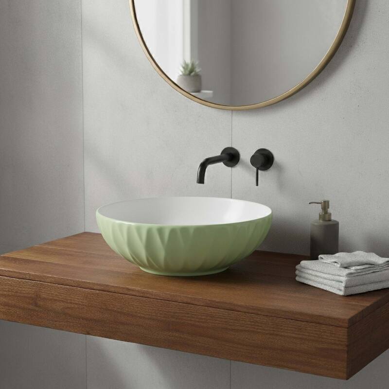 16 inch Round Ceramic Vessel Bathroom Sink - Modern Textured Bowl Design - 16" Round - Sage Green