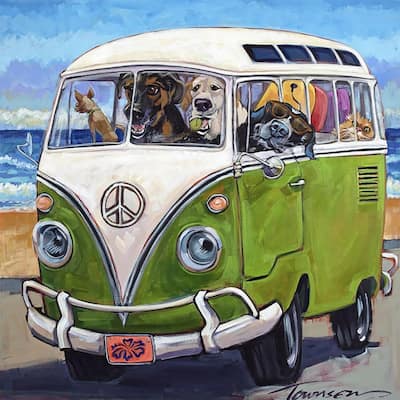 Hang Loose Dogs Go for a Ride VW Van Art Poster - 16 x 16 Inch