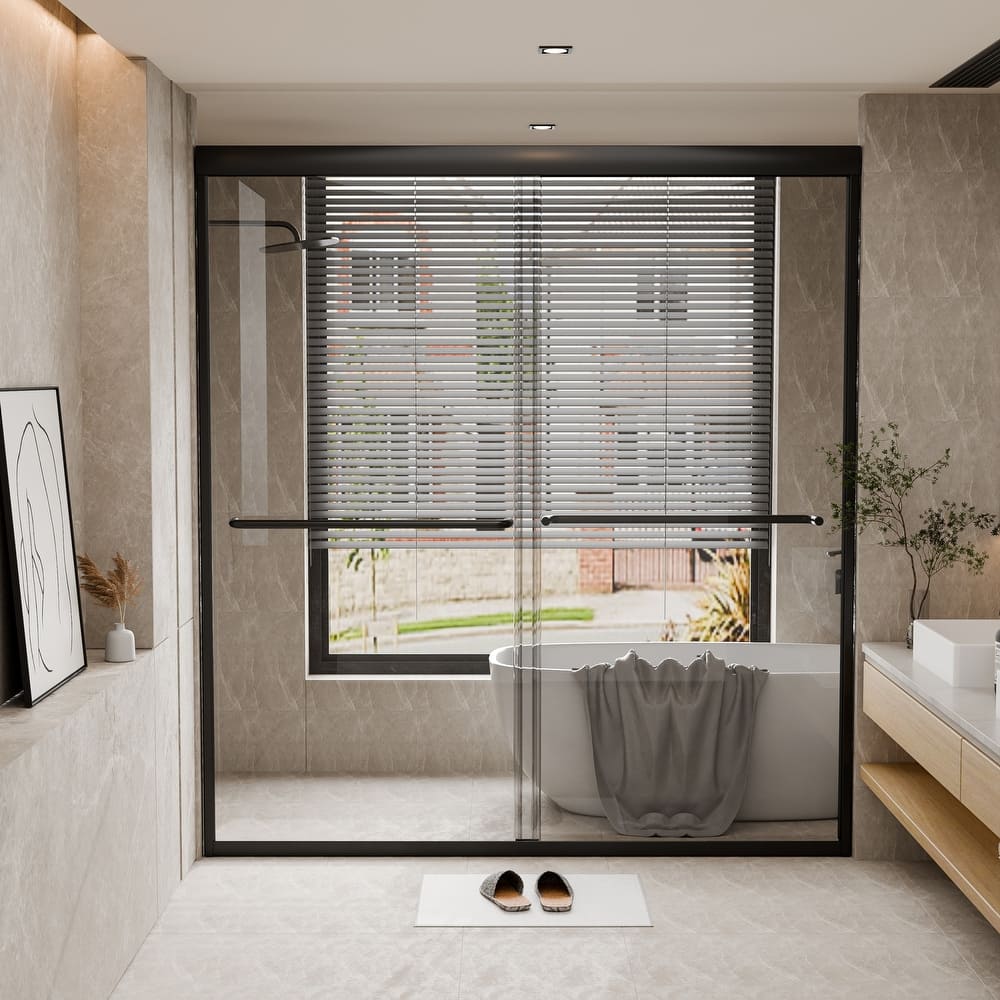 Modland 45''/54''W x 70'' H Glass Double Sliding Shower Door in Black/Chrome