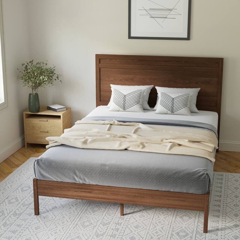Modern Solid Wood Platform Bed with Headboard and Wooden Slats