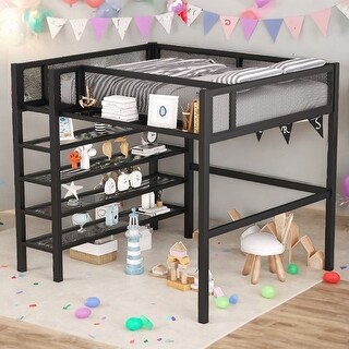 Modern Style Full Size Metal Loft Bed with 4-Tier Shelves and Storage, Creative Structure, Storage Space, Good Stability, Black