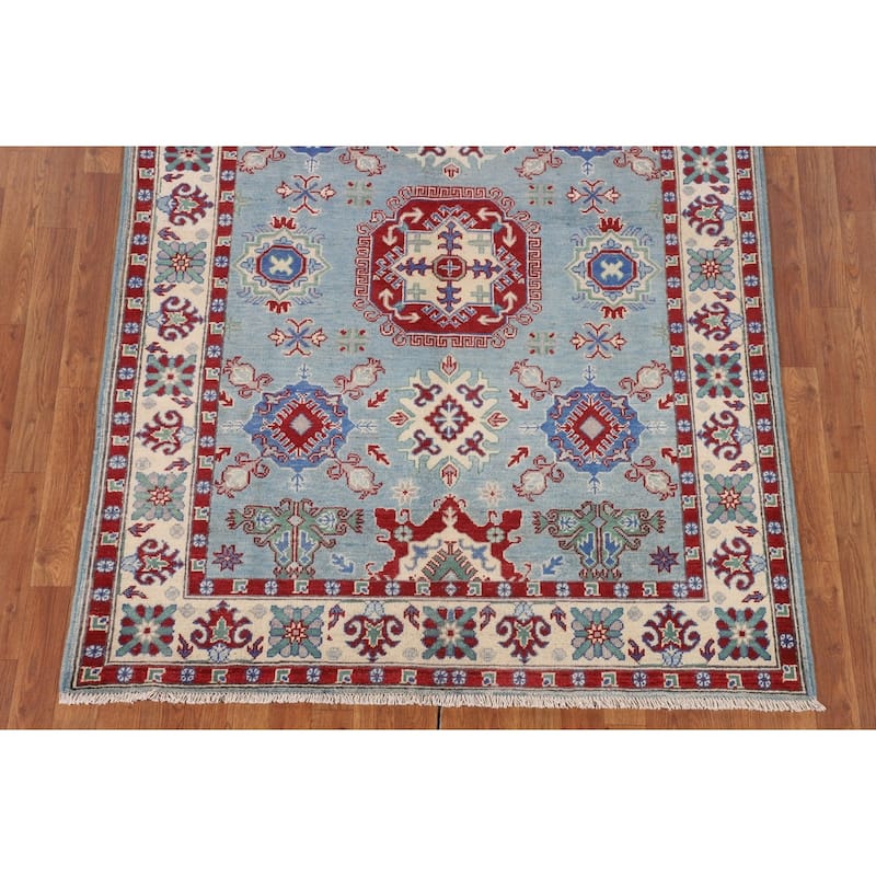 Light Blue Geometric Kazak Rug Handmade Wool Carpet - 4'11" x 6'6"
