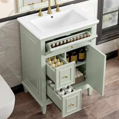 24" Bathroom Vanity with Sink - Solid Wood & MDF, 1 Flip Drawer + 2 Drawers, Adjustable Shelf