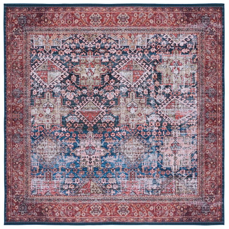 SAFAVIEH, Tucson Machine Washable Slip Resistant Jadwiga Traditional Rug - 8' Square - Navy/Rust