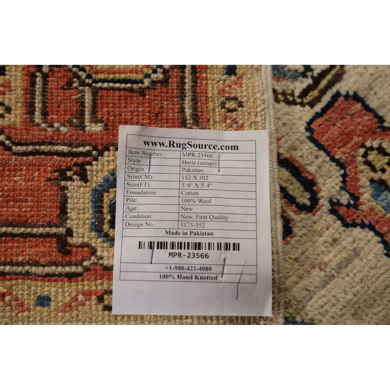 Vegetable Dye Heriz Serapi Oriental Rug Hand-Knotted Foyer Wool Carpet - 3'4"x 5'0"