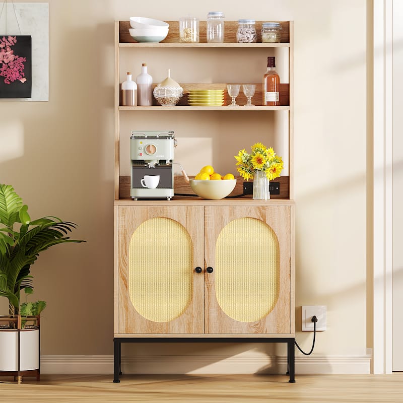Moasis 2-Door Rattan Cabinet Baker's Rack with Power Outlets and USB Ports