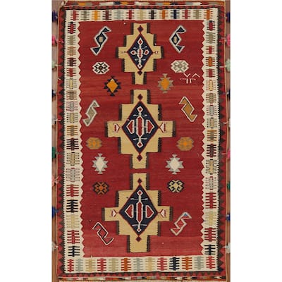 Red Kilim Qashqai Persian Vintage Rug Hand-Knotted Wool Carpet - 4'3"x 7'2"