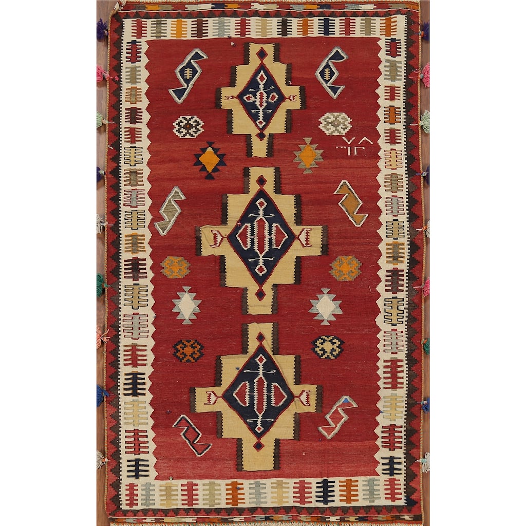 Red Kilim Qashqai Persian Vintage Rug Hand-Knotted Wool Carpet - 4'3"x 7'2"