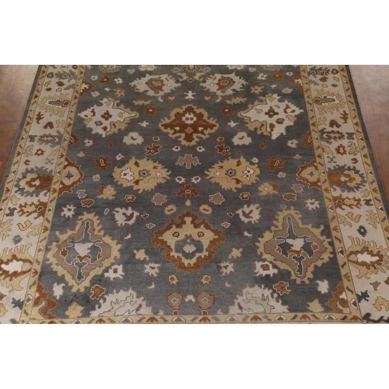 Grey Floral Oushak Oriental Area Rug Hand-Knotted Wool Carpet - 9'3"x 11'11"