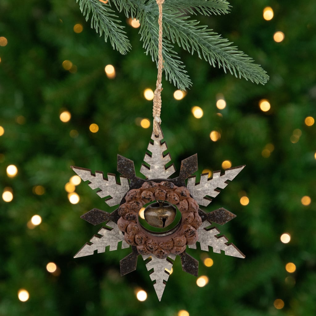 Snowflake with Jingle Bell Wooden Christmas Ornament - 6" - Brown and Beige