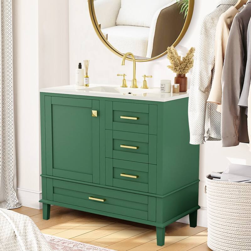 36" Bathroom Vanity with Ceramic Sink,Solid Pine Frame