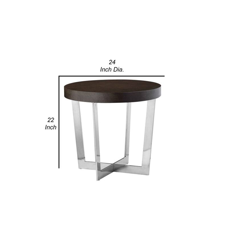 24 in. Espresso Brown and Chrome Round Wood End Table, Sturdy Build End Side Table for Living Rooms