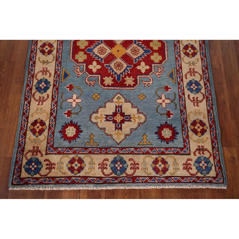 Light Blue Geometric Kazak Oriental Accent Rug Handmade Wool Carpet - 3'6" x 4'11"