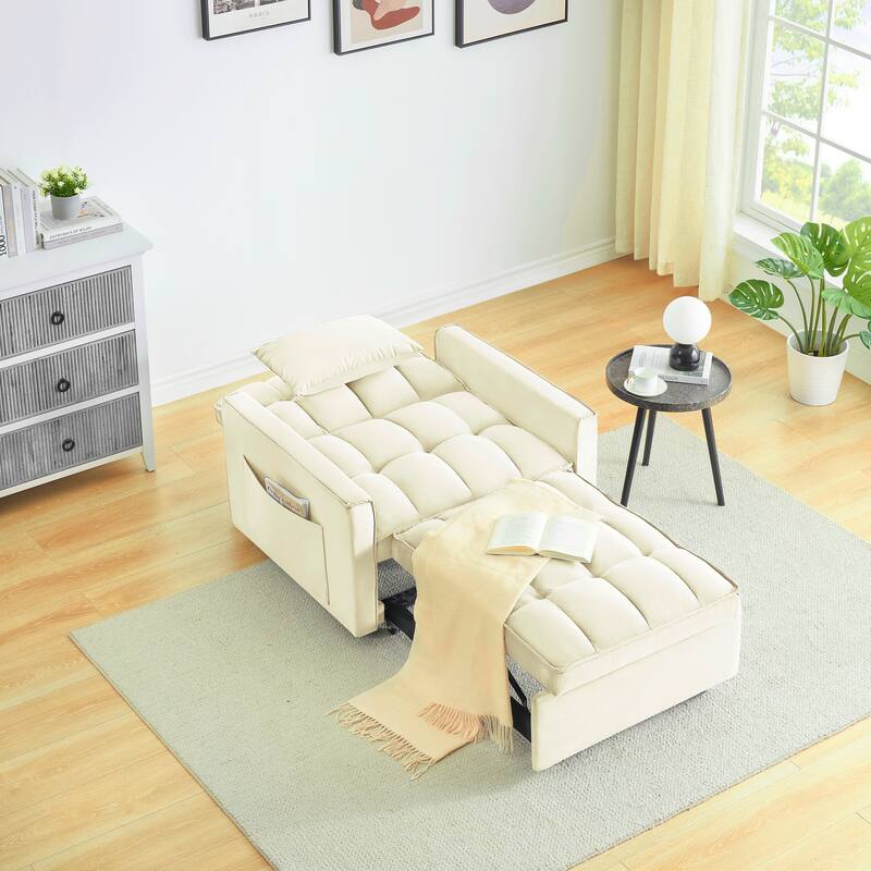 Creamy White Modern 70.86" 3 in 1 Single Convertible Sofa Bed with Adjustable Back and Moving Wheel for Living Room