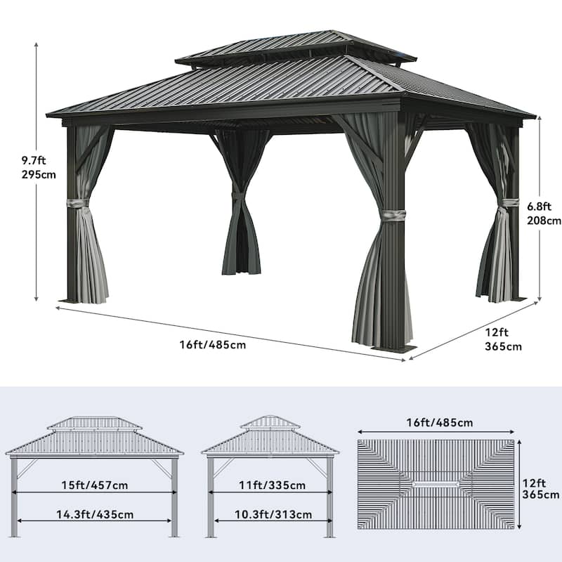 2-Tier Galvanized Aluminum Hardtop Canopy Gazebo with Netting and Curtains
