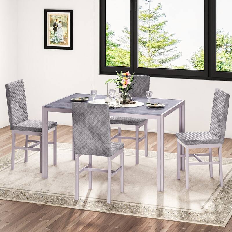 Grondin Modern Style 5-Piece Dining Room Table Set with Tempered Glass Tabletop and 4 Diamond Stitching PU Leather Dining Chairs - Grey