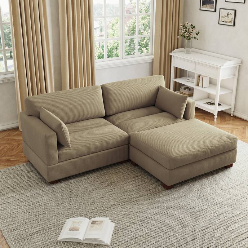 85in.W Corduroy Modular 3-Piece L-Shaped Sectional Sofa with Ottoman