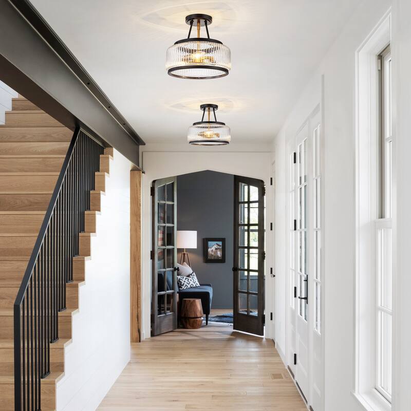 3-Light Industrial-style Black Lantern Glass Semi Flush Mount