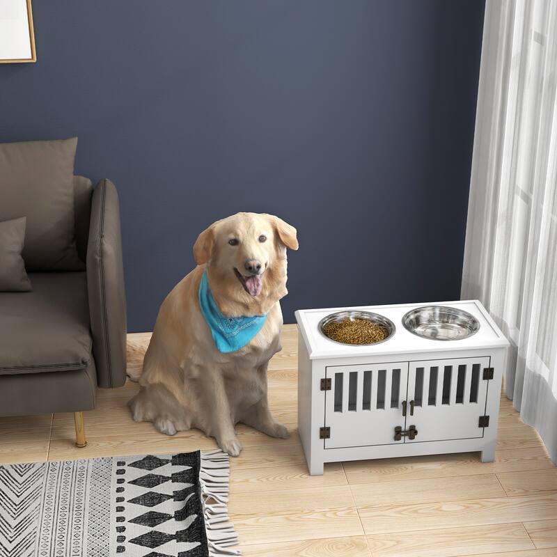 PawHut Large Elevated Dog Bowls with Storage Cabinet Containing Large 37L Capacity, Raised Dog Bowl Stand Pet Food Bowl - White