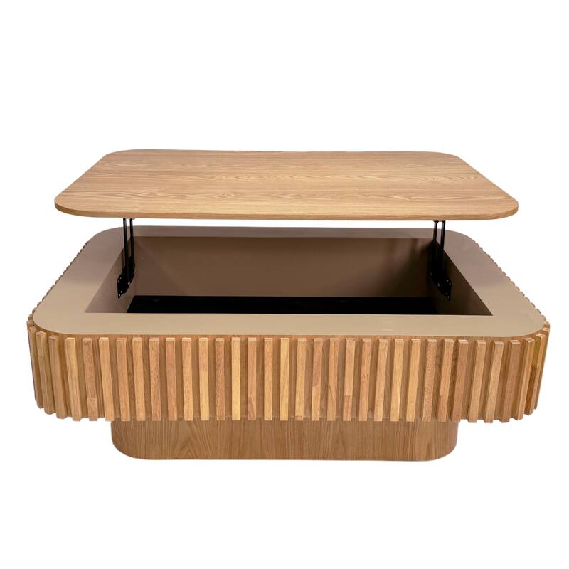 Fluted 38.6" Lift-top Coffee Table, Solid Wood Modern Accent Table with Storage and Adjustable Height