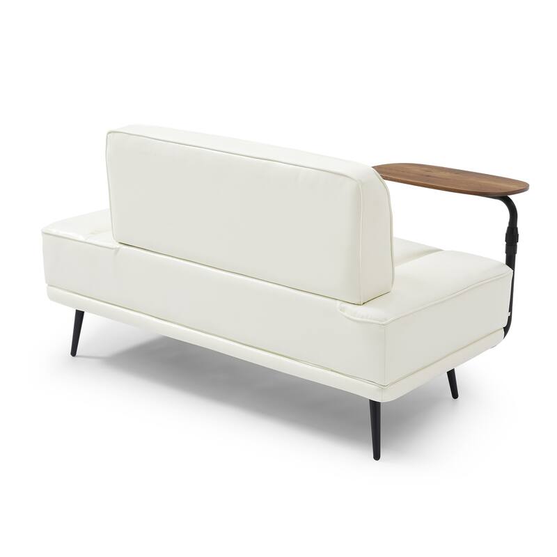 PU Leather Upholstered End of Bed Bench, 360-Degree Swivel Tray Small Loveseat, Window Bench with Side Table & Metal Legs