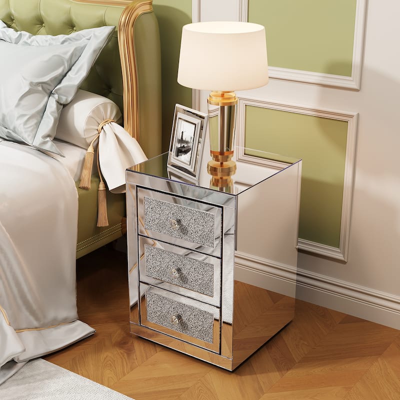 3-Drawer Mirrored Nightstand Bedside Table Glass Accent End Table Silver - Silver