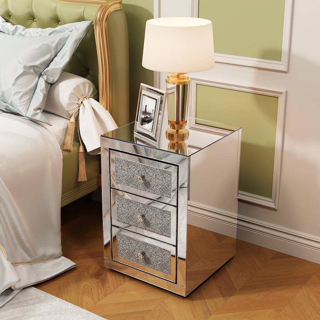 3-Drawer Mirrored Nightstand with Glitter Accents, Crystal Knobs & Silent Glide Drawers for Bedroom or Living Room