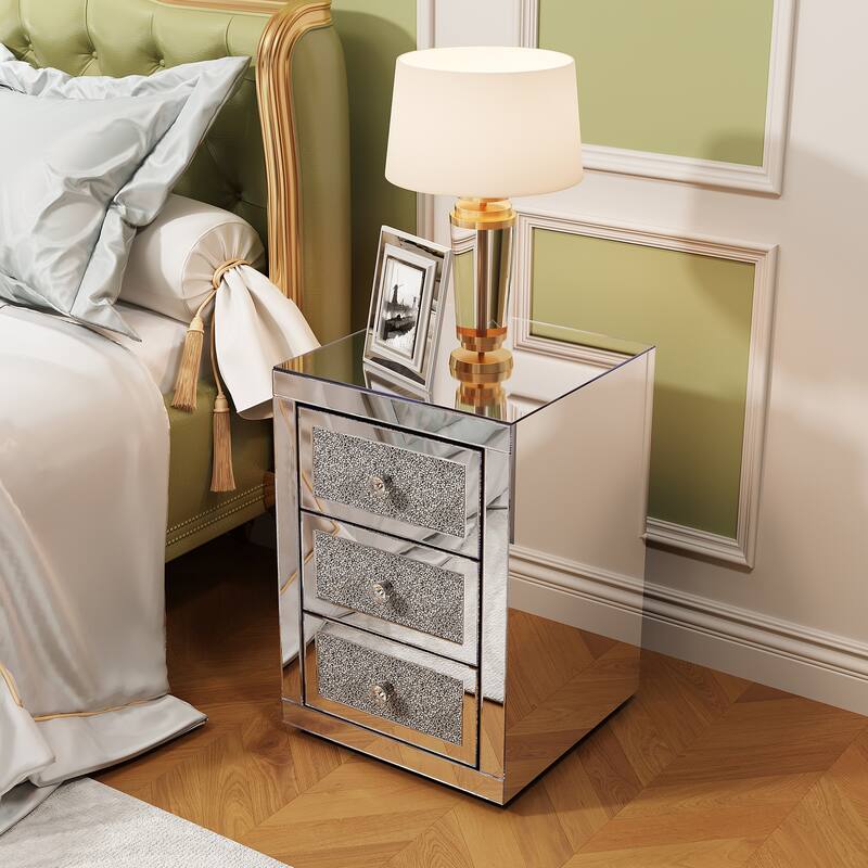 3-Drawer Mirrored Nightstand with Glitter Accents, Crystal Knobs & Silent Glide Drawers for Bedroom or Living Room - Silver