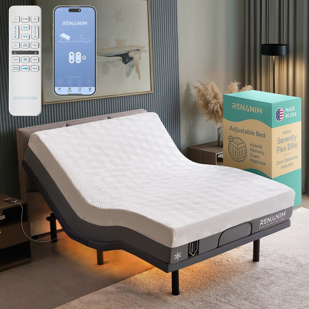 Renanim Adjustable Bed Frame with 12" Medium Gel Memory Foam Mattress, Dual Massage, USB Ports, App, Remote