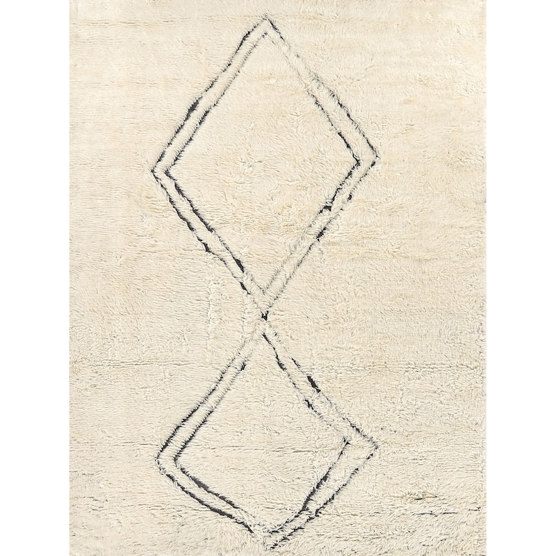 EXQUISITE RUGS Moroccan Hand-knotted New Zealand Wool Ivory/Black Area Rug.