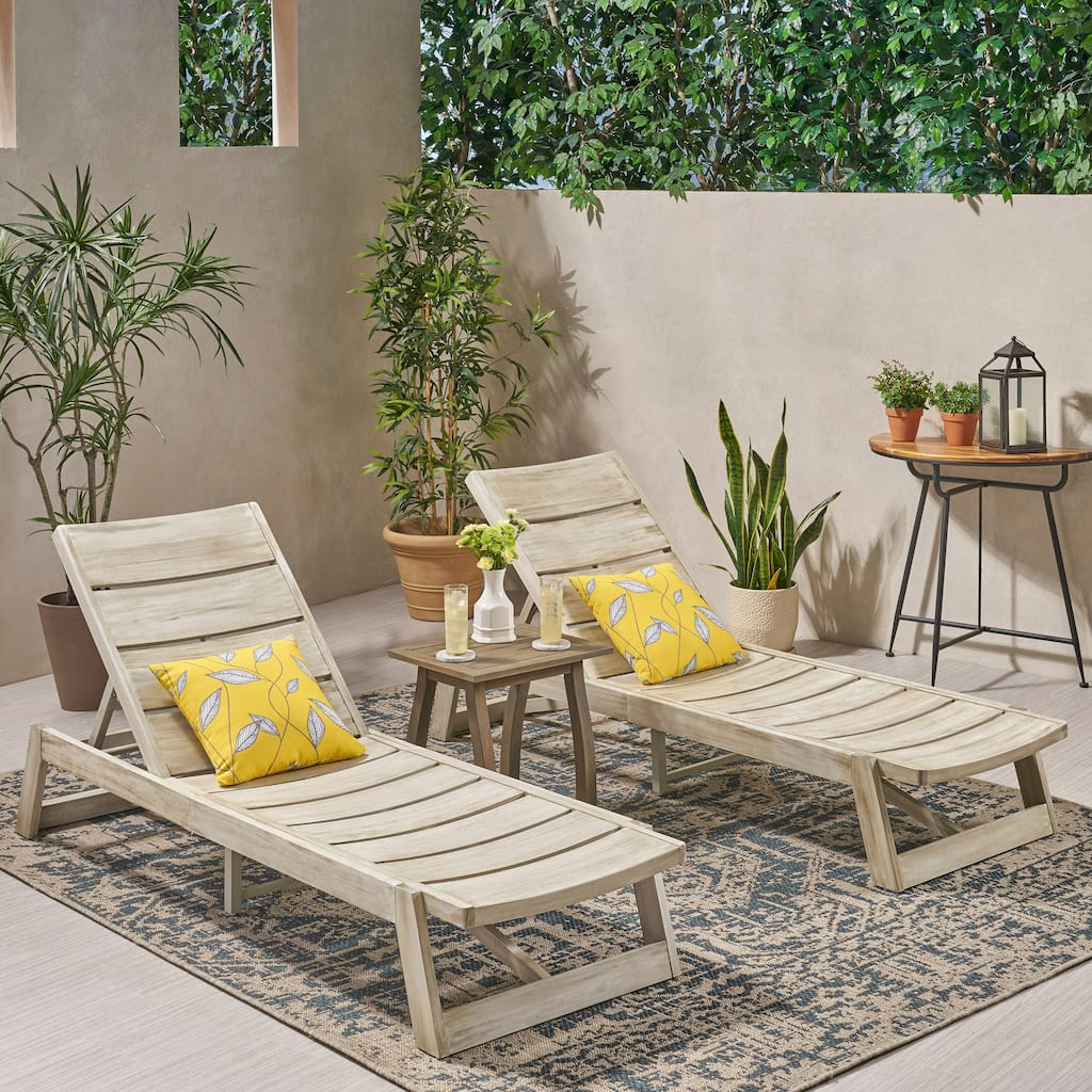 Mahi Outdoor 3 Piece Acacia Wood Chaise Lounge Set by Christopher Knight Home