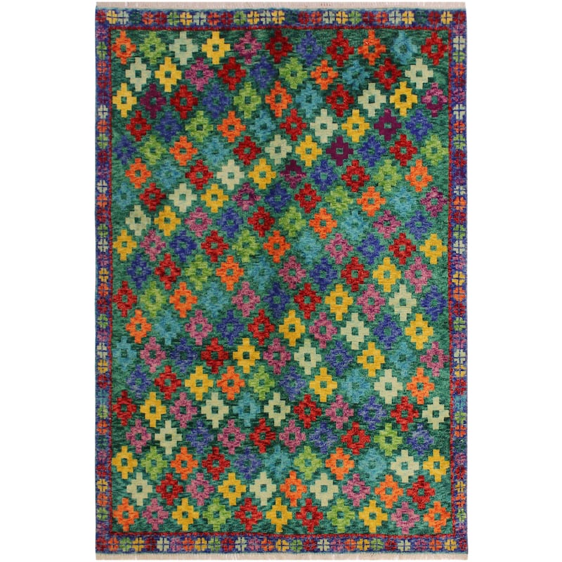 Boho Chic Balochi Mckinney Green/Blue Hand Knotted Wool Rug - 4'10'' x 6'6''