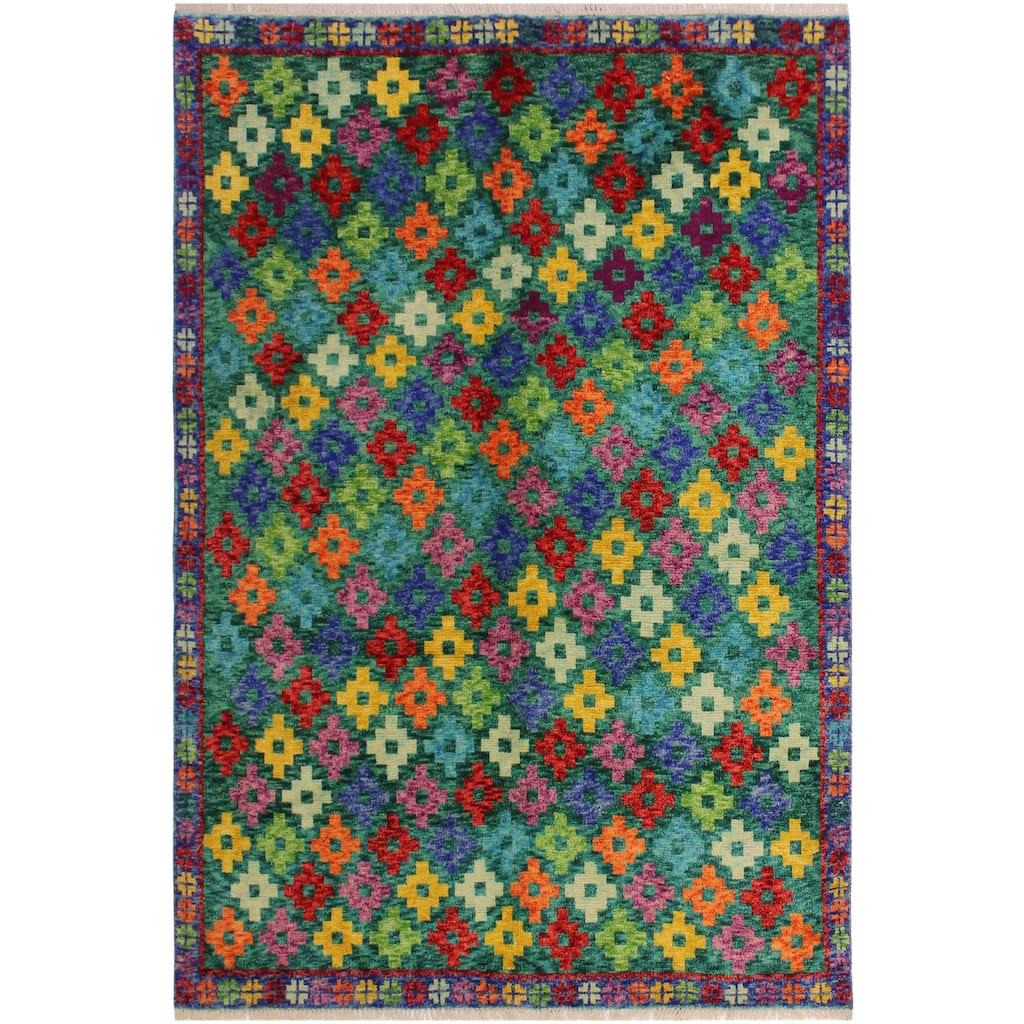 Boho Chic Balochi Mckinney Green/Blue Hand Knotted Wool Rug - 4'10'' x 6'6''