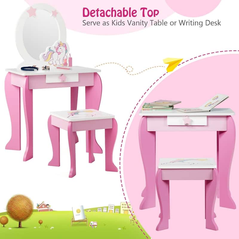 Kids Wooden Makeup Dressing Table and Chair Set with Mirror and Drawer - 19" x 14" x 35" (L x W x H)