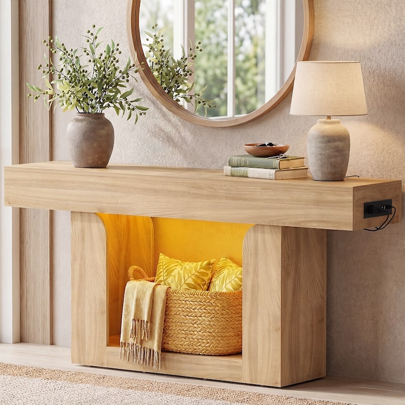 63'' W Farmhouse Console Table with Chaging Station, Thick Sofa/ Entryway Table with Storage Shlef