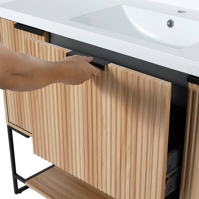 48 inch Maple Plywood Freestanding Bathroom Vanity Set with Open shelf and Integrated Resin Sink