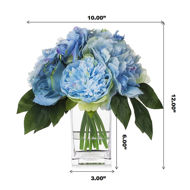 Enova Home Mixed Artificial Peony Roses and Hydrangea Silk Flowers in Clear Glass Vase with Faux Water - 12"H x 10"W