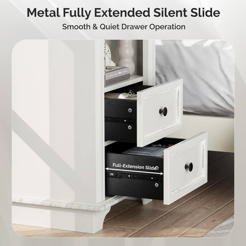 White MDF 2-Drawer Nightstand with Outlet, Black Brushed Handles, 19.7x13.8x25.8in - 1pc