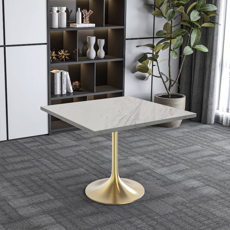 LeisureMod Verve Square Dining Table with Resin Top and Steel Pedestal Base for Kitchen and Dining Room